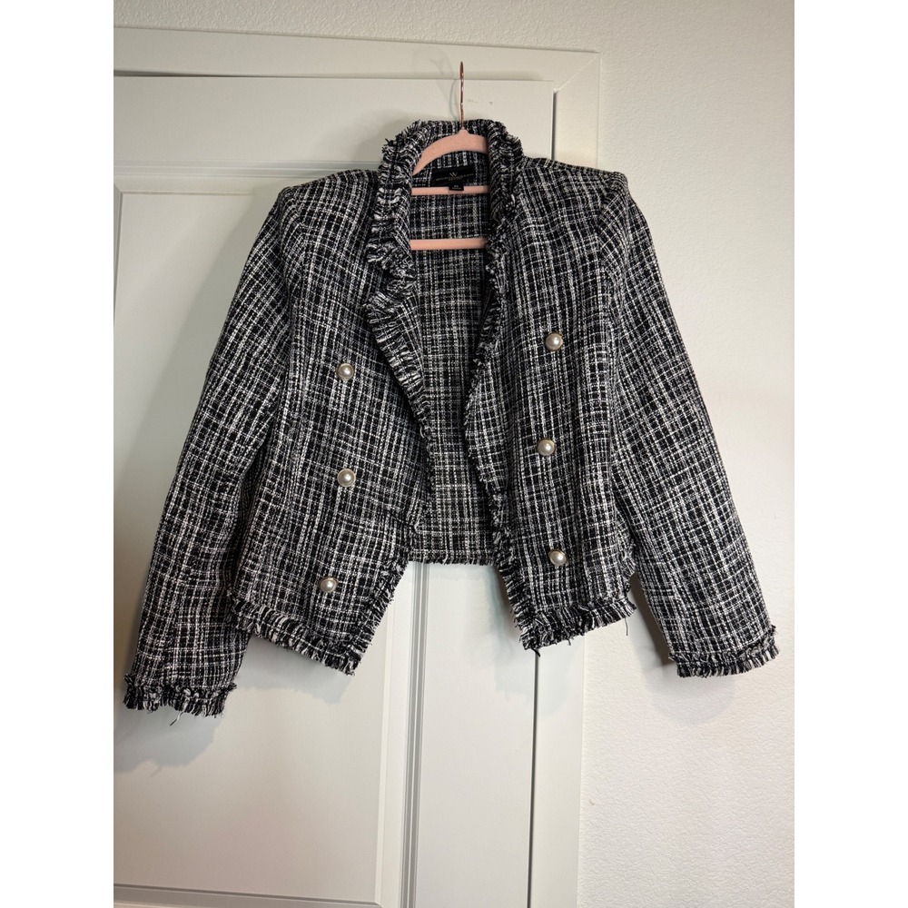 Worthington Petite Black White Tweed Pearl Button Frayed Blazer Jacket PL